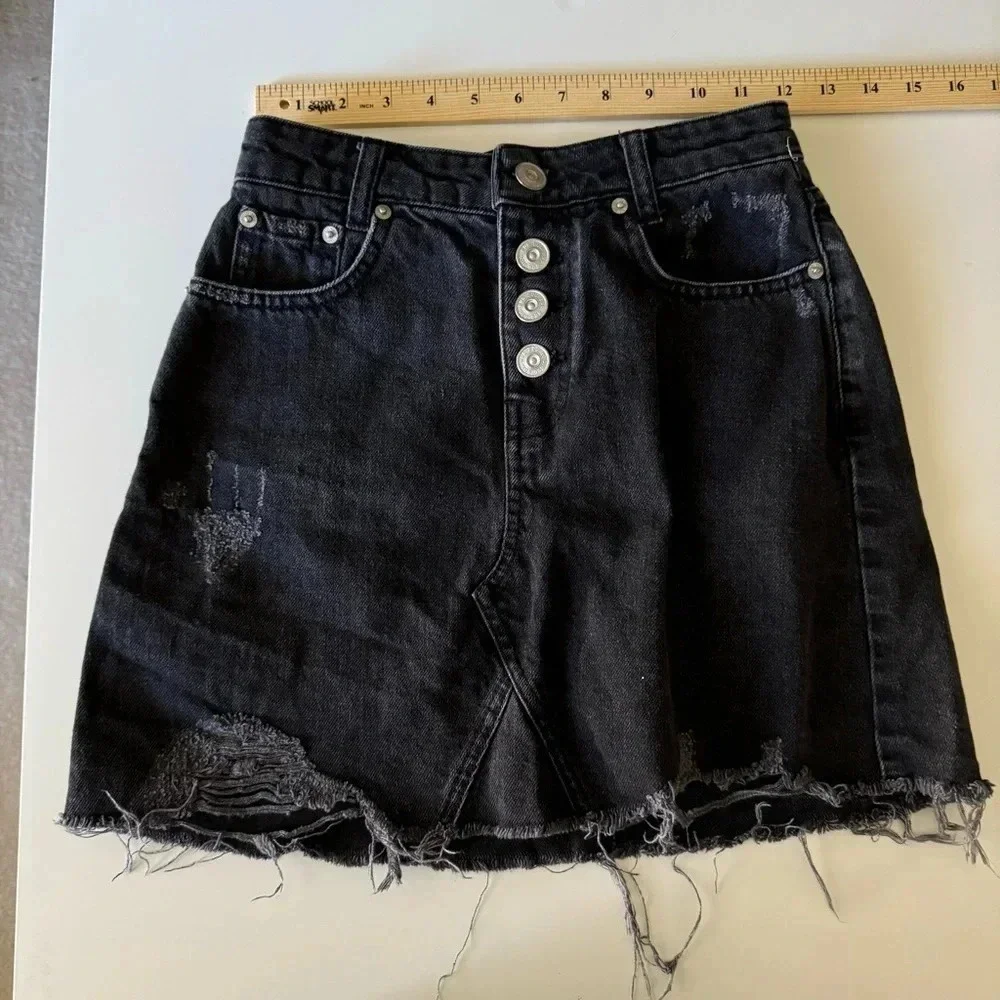 BDG Urban Outfitters Distressed Frayed Hem Button Fly Denim Jean Mini Skirt XS